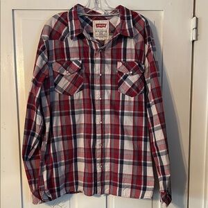 Levi's Men's Plaid Shirt Red Gray XXL Pearl Snap Front Western Rodeo Cowboy